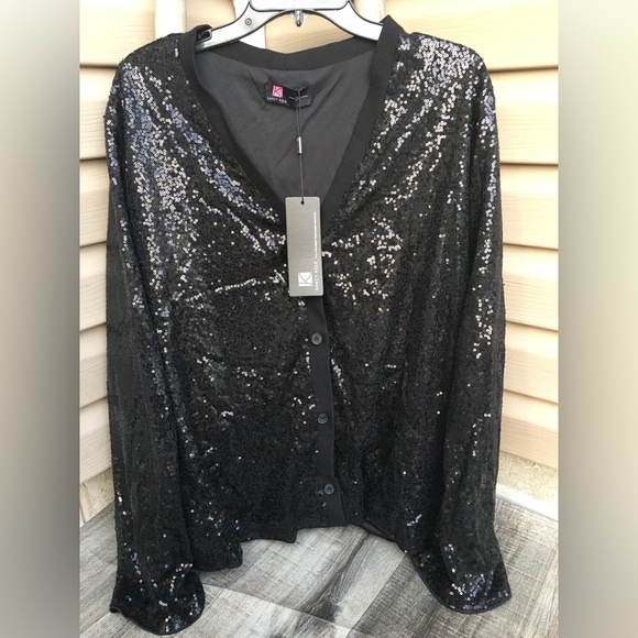 New KANCY KOLE Women's Sequin Jacket Long Sleeve Button Down Shrug Shiny black - Picture 6 of 10